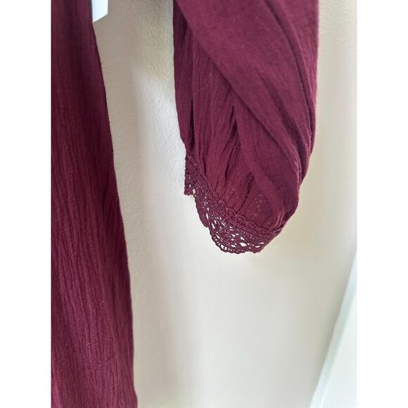 Bohme Plum Mini Dress Lace Eyelet Prairie Cottagecore Medium Long Sleeve Raw Hem - Picture 4 of 11